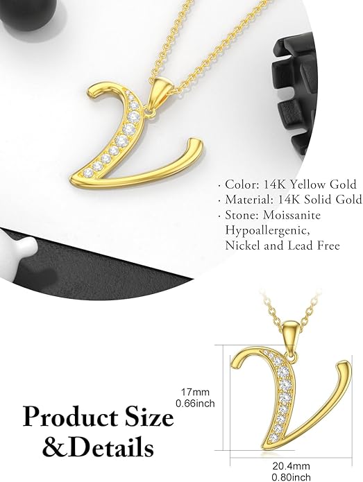 14k Gold Initial Necklace for Women, Solid Gold Moissanite Letter Pendant Necklaces Jewelry for Her Birthday Valentines Day Gifts for Mom Wife Christmas Gifts for Girlfriend Sister