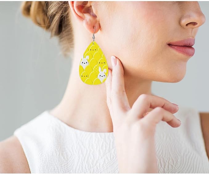Rabbits Fashion Leather Teardrop Ear Rings Yellow Cute Easter Eggs And Bunny Chicks Leather Leaf Earrings Jewelry For Women Friends
