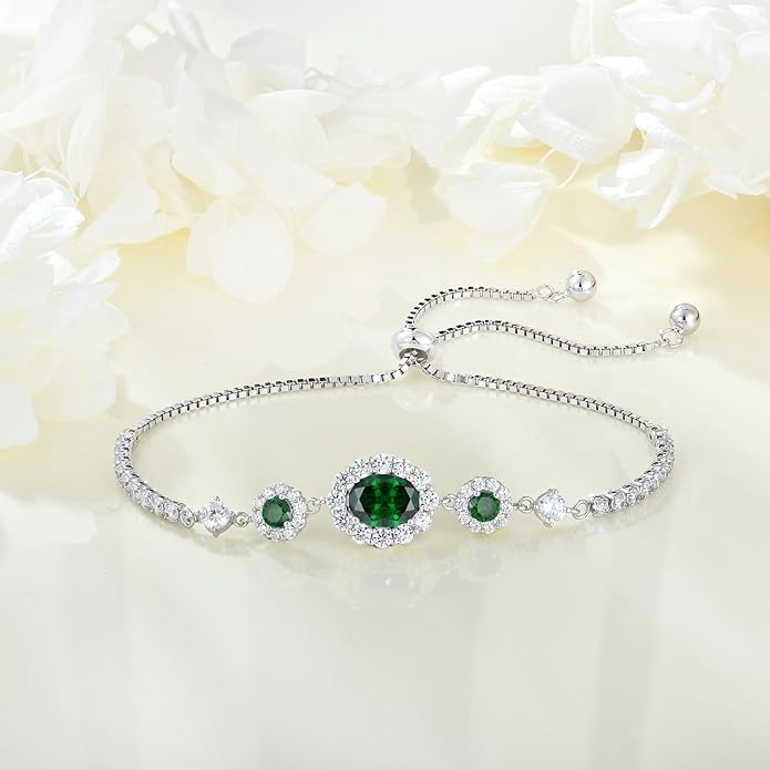 925 Sterling Silver Birthstone Bracelets for Women, Adjustable Halo Cubic Zirconia CZ Bracelet Anniversary Birthday Jewerly for Mom Wife