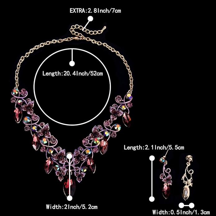 BriLove Women's Costume Fashion Crystal Floral Vine Leaf Statement Necklace Dangle Earrings Set