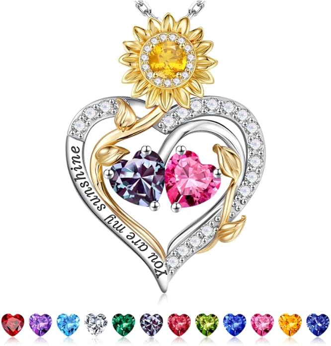 Iefil Valentines Day Gifts for Her - 925 Sterling Silver Sunflower Double Birthstone Necklace for Women, Anniversary Birthday Gifts for Wife, You Are My Sunshine Necklaces, Jewelry for Wife Mom