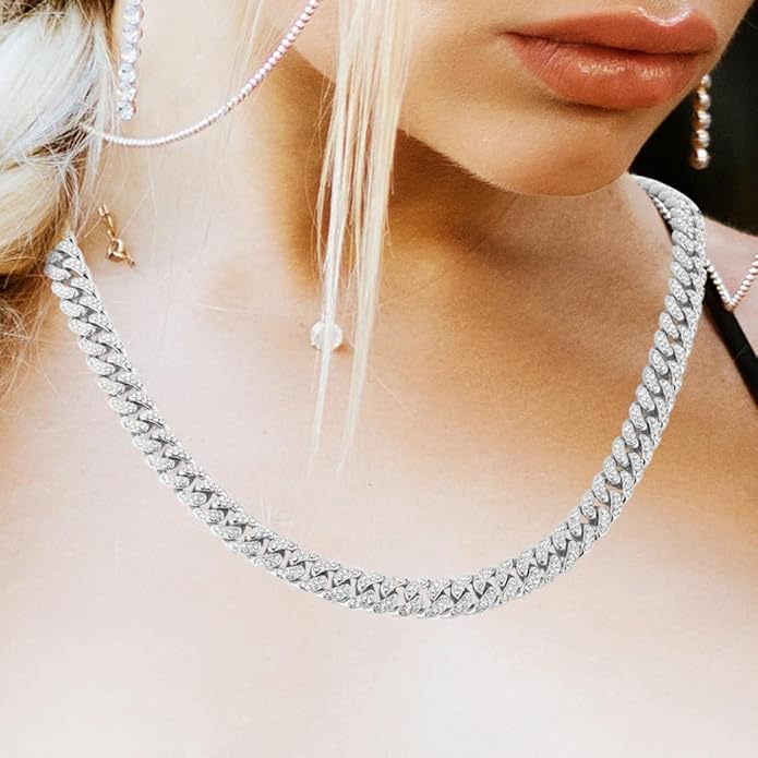 HH BLING EMPIRE 14k Gold/Silver Cuban Link Chain for Women Iced Out Diamond Chunky Cuban Link Necklace Chain Bracelet 2pcs Sets