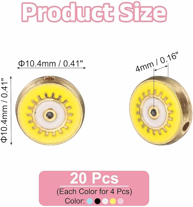MECCANIXITY 20 Pcs Flat Round Evil Eye Beads Colorful Flat Loose Spacer Evil Eye Charms for DIY Bracelet Earrings Necklace Crafts Jewelry Making, Pink/Sky Blue/Yellow/Black/White