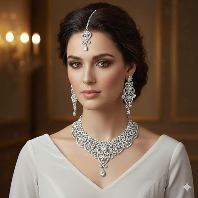 Touchstone Indian jewelry set for women bollywood gold jewellery wedding outfits necklace sets earrings bridal maang tikka fancy costume girls big desi accessories rhinestone in gold or silver tone