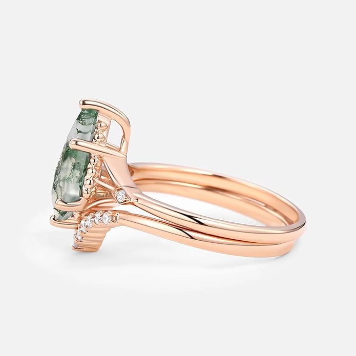 Natural Moss Agate Bridal Ring Set for Women 1CT Kite-cut Moss Agate Engagement Ring Set 925 Sterling Silver 10K 14K 18K Gold Classic Wedding Ring Set