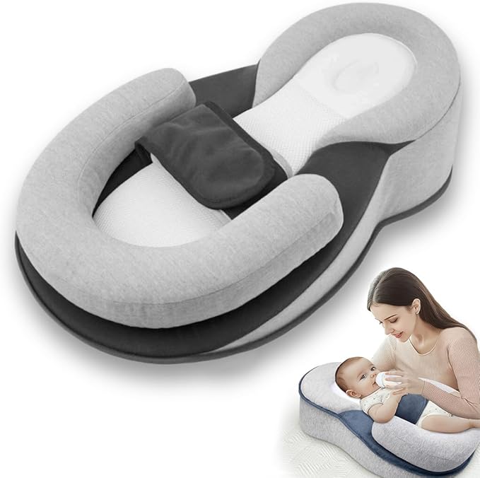 Baby Lounger Pillow with Safety Straps Ergonomic Support Cushion Reflux Breastfeeding Pillow, Adjustable, Removable Cover, Feeding Support
