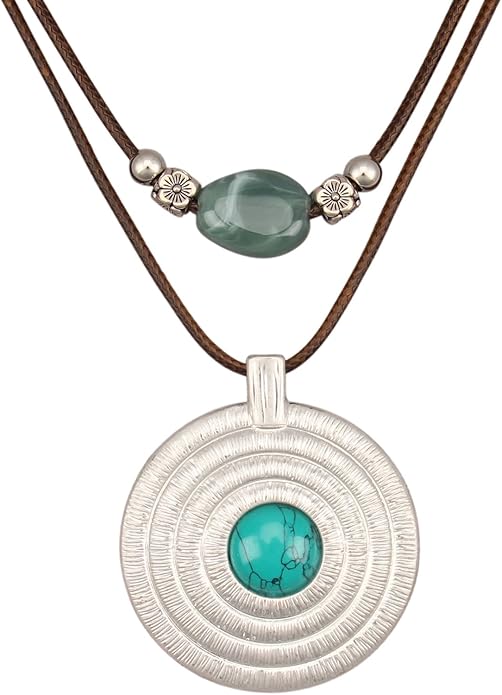 Boho Necklaces for Women Chunky Circle Necklace Layered Boho Circle Leather Choker Necklace Long Vintage Necklaces Bohemian Jewlery Gifts