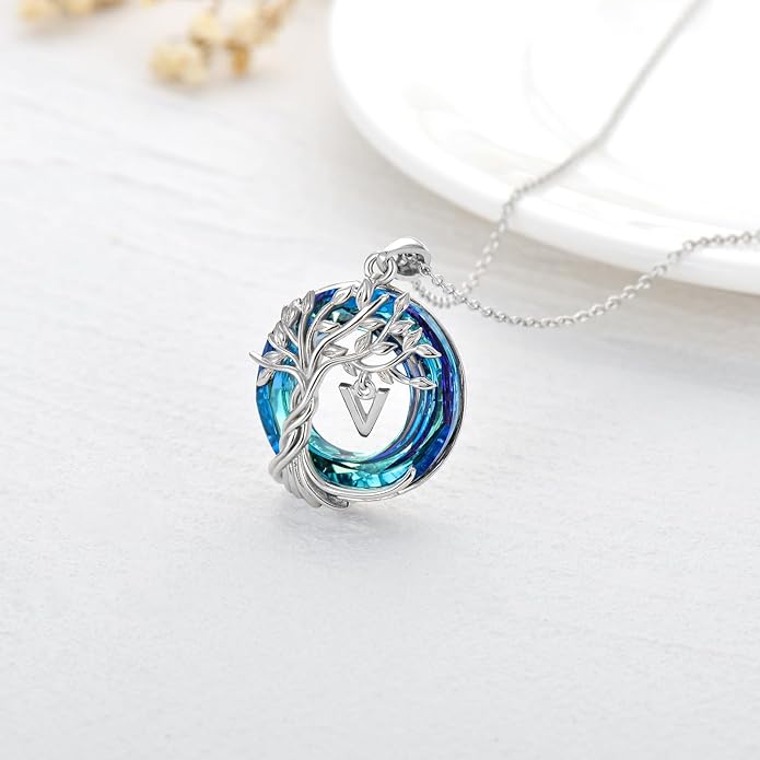 TOUPOP Gifts for Women Tree of Life Necklace 925 Sterling Silver Initial Pendant Family Tree Crystal Jewelry Valentine's Day Birthday Gifts for Her Mom Wife Girlfriend Daughter