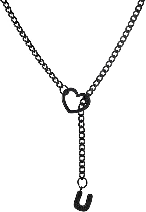 Black Heart Slip Chain Initial Necklaces for Women,Stainless Steel O-Ring Adjustable Lariat Heart Y-Necklace,Punk Gothic Cuban Collar Choker Necklace for women