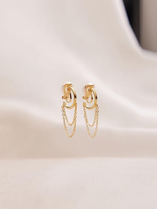 FAN&LOUIS Gold Clip On Earrings for Women, 24K Gold Plated Small Hoop Dangle Chains Drop Trendy Hypoallergenic Non Pierced Earrings Painless Lightweight Clip-On Earrings
