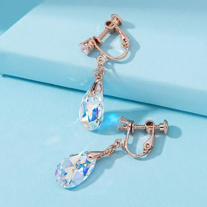 Teardrop Austrian Crystal Drop Clip On Dangle Earrings for Women Non Pierced 14K Rose Gold Plated Hypoallergenic Jewelry