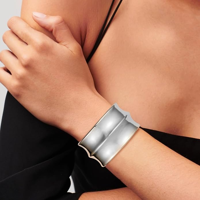 HZMAN 18K Gold Plated Wide Cuff Bracelet for Women - Premium Alloy Shiny Polished Double Layer Statement Bangle, Trendy Daily Wear Party Jewelry Accessory