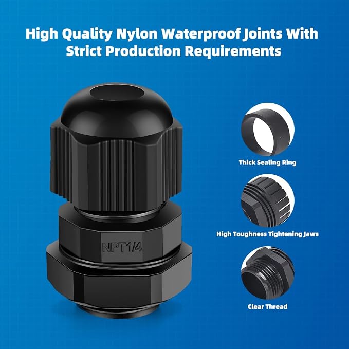 Cable Gland 20 Pack 1/4" NPT Waterproof Adjustable Connector Strain Relief Cord - Image 5