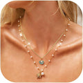 Gold Sea Shell Necklace Layered Charm Necklace for Women Boho Summer Seashell Beach Starfish Necklaces 14k Pearl Chain Surfer Jewelry Beach Vacation Essentials