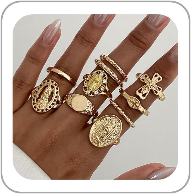Chunky Gold Rings for Women Rhinestone Stackable Knuckle Ring Set Open Adjustable Statement Ring Set Dainty Crown Cross Midi Rings Fashion Jewelry Gift for Women