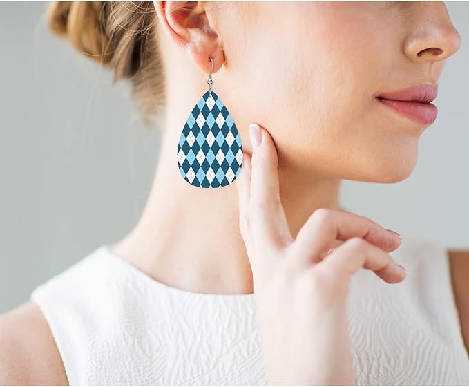 Diamond Fashion Leather Teardrop Ear Rings Blue White Diamond Geometric Stripes Lines Leather Leaf Earrings Jewelry For Women Friends