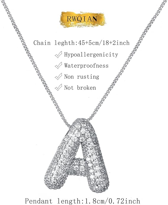 RWQIAN Letter Necklace for Women Bubble, Chunky Initial Alphabet A-Z Pendant Puffy Name Personalized Necklace Dainty Zircon CZ Fashion Jewelry Gifts for Girls Girlfriend