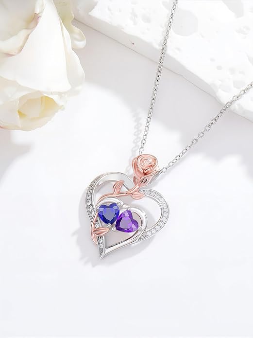 Rose Flower Heart Pendant for Women Birthday Gifts 18k Gold Plated Mother Daughter Necklace with 12 Months Birthstone Christmas Valentines Day Gifts for Her Mom Anniversarry Jewelry for Mom Wife Girlfriend