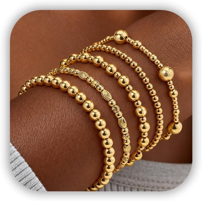 Gold Bracelets for Women Waterproof, 14K Gold Plated Beaded Cross Bracelets Set,Boho Stretch Bracelets Stackable Jewelry for Women Teenage Girls Jewelry Christmas Gifts