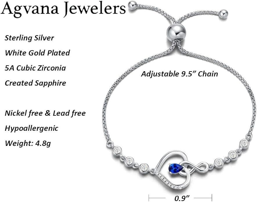 AGVANA Valentines Day Gifts Heart Birthstone Bracelets for Women Sterling Silver Genuine or Created Gemstone Tennis Bracelet Infinity Love Jewelry Anniversary Birthday Gifts for Wife Mom Women