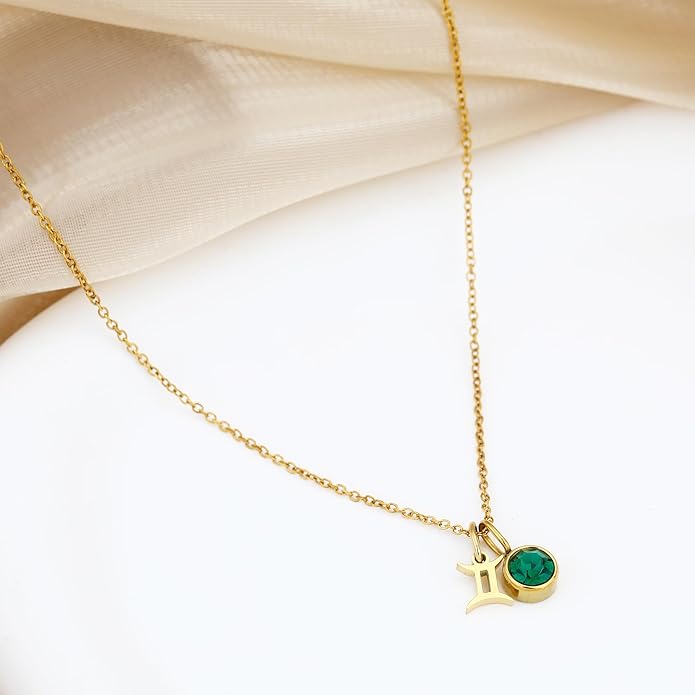 MISS RIGHT Initial Birthstone Necklace for Women - Personalized Gifts Birthday Gifts for Women Stainless Steel 18K Gold Plated Dainty Gold Zodiac Sign 12 Constellation Horoscope Necklace Jewelry