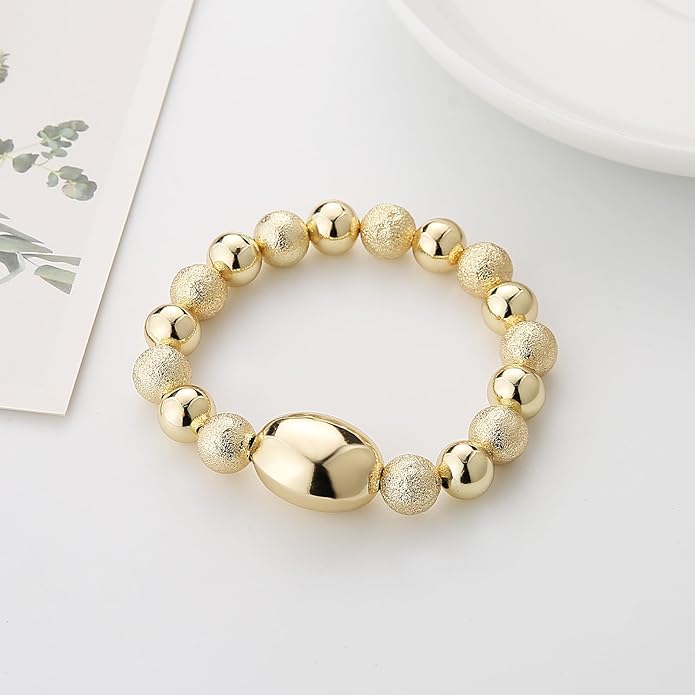 HZMAN Gold-Plated Brass Stretch Bracelet One-Size-Fits-All Wrist Bead Accents Beach & Daily Wear Lightweight & Hypoallergenic Jewelry Gift for Women