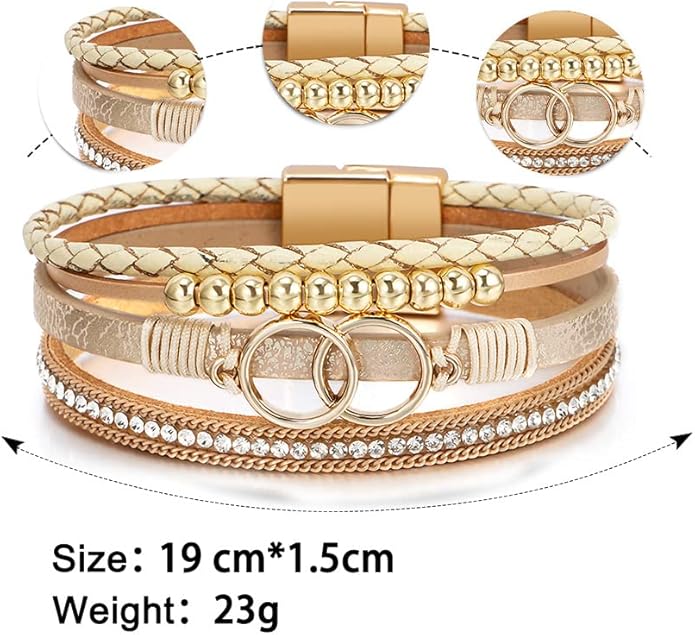 Fesciory Leopard Bracelet for Women, Boho Leather Wrap Multi-Layer Pearl Crystal Bracelet Bangle Jewelry
