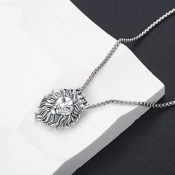 Cuoka Lion Necklace for Men Women S925 Sterling Silver King Retro Punk Gothic Hip Hop Rock Animal Lion Head Pendant Charm Jewelry Chain Necklace Viking Protection Amulet Necklaces
