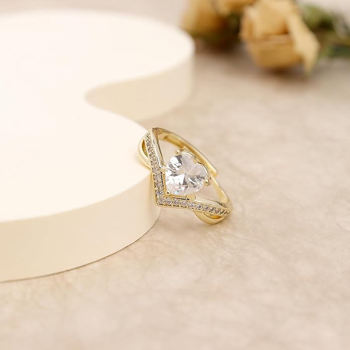 Jean Beau Gold Heart Adjustable Rings for Women, Trendy Elegant Sparkly Cubic Zirconia Ring Wedding Prom Valentine Fashion Accessories Jewelry Gift