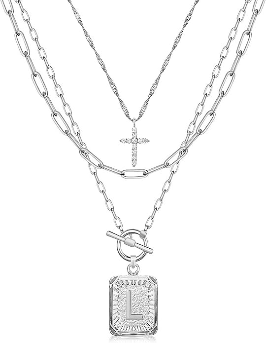 MJartoria Layered Initial Necklaces for Women Trendy, 14K Gold Plated Brass Simple Dainty Cross Choker Square Letter Pendant Necklace, Paperclip Chain Necklaces Jewelry