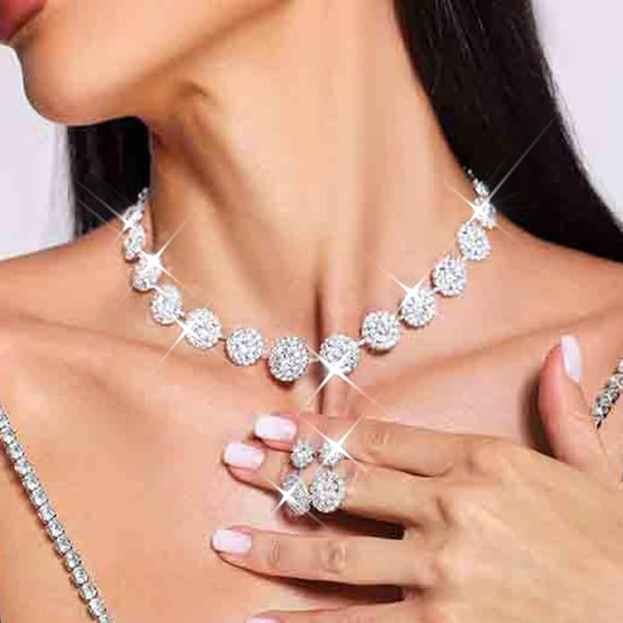 Unicra Bridal Wedding Jewelry Set Silver Rhinestone Necklace Earrings Sets Formal Costume Jewelry for Women and Brides