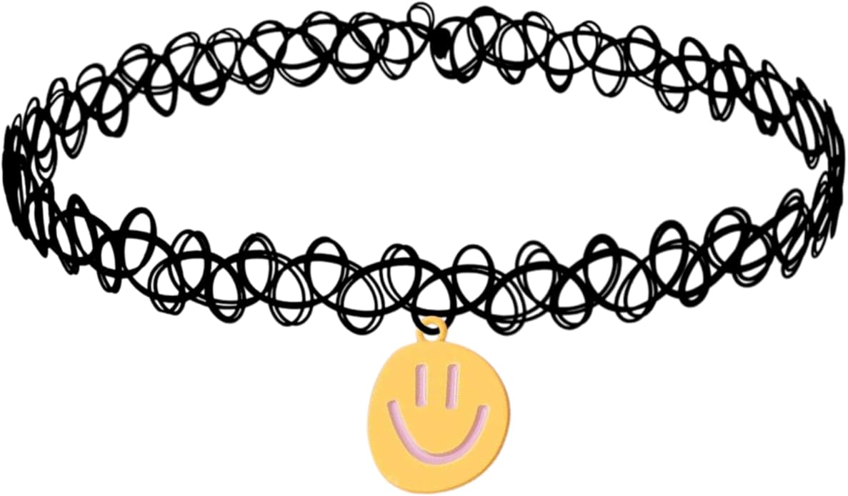 BodyJ4You 2PC Tattoo Choker Necklace - 90s Choker Necklace Women - 2000s Y2K Black Chokers Rainbow Choker - Butterfly Ying Yang Unicorn Rainbow Charms - Stretchy Elastic Necklace