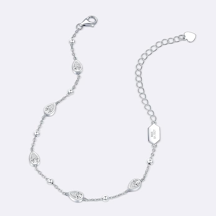 Pear Moissanite Link Bracelet, 1.75cttw D Color VVS1 925 Sterling Silver Adjustable 5-Stone Pear Bracelets for Women Mom Wife Birthday Jewelry Gifts