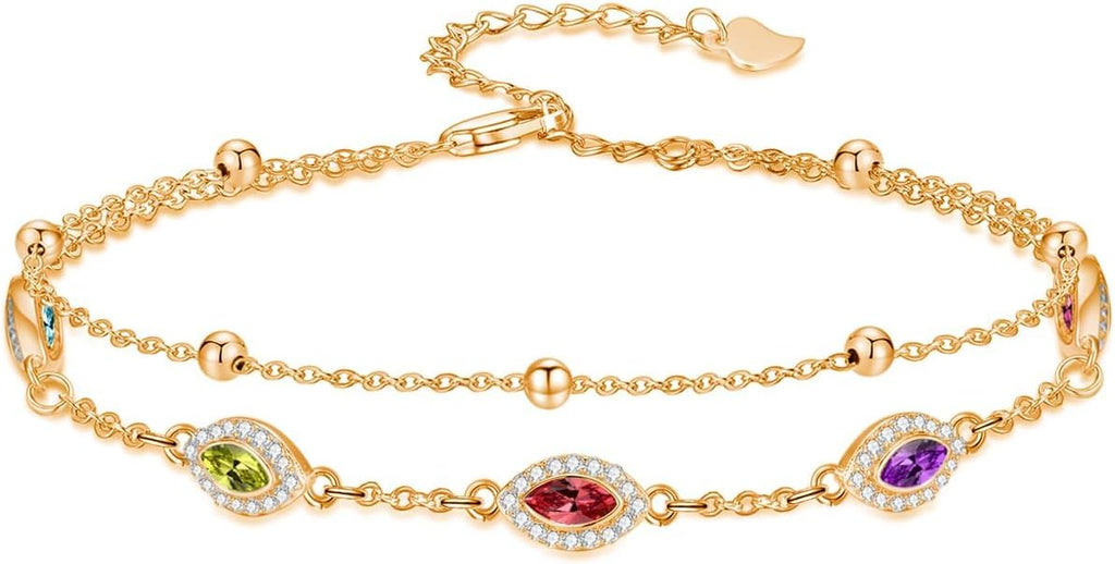 Evil Eye Birthstone Charm Link Bracelet 925 Sterling Silver Evil Eye Bracelet with 12 Months Birthstone Birthday Jewelry Gifts for Women Mom Her,Chain Length 7"+2" Extend