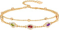Evil Eye Birthstone Charm Link Bracelet 925 Sterling Silver Evil Eye Bracelet with 12 Months Birthstone Birthday Jewelry Gifts for Women Mom Her,Chain Length 7"+2" Extend