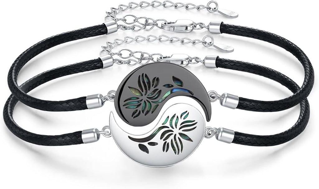 Yin Yang Bracelet 925 Sterling Silver Couple Friendship Bracelets Tree of Life/Sun Moon/Mountain/Lotus Abalone Jewelry for Women Men Couples, Leather Cord 7+2 in