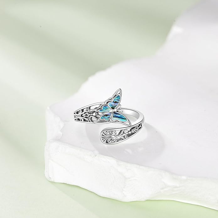 VONALA Dragonfly/Butterfly/Tree of Life/Sunflower Ring for Women 925 Sterling Silver Adjustable Turquoise Ring Flower Antique Jewelry Gifts