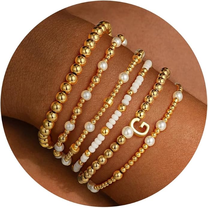Turandoss 6PCS Beaded Initial Bracelets for Women Girls Valentines Day Gifts - 18K Gold Plated Beaded Initial Letter Bracelet Initial A-Z Stretch Bead Stackable Bracelet Valentines Day Gifts for Her