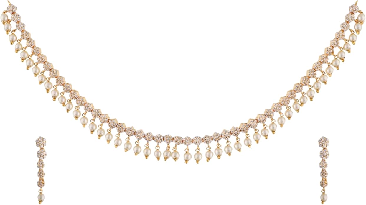 TARINIKA Green and White Cubic Zirconia(CZ) Indian Necklace Set with Earrings, Gold Plated Brass Fashion Indian Jewelry Gift for Women Bollywood Costume Jewellery