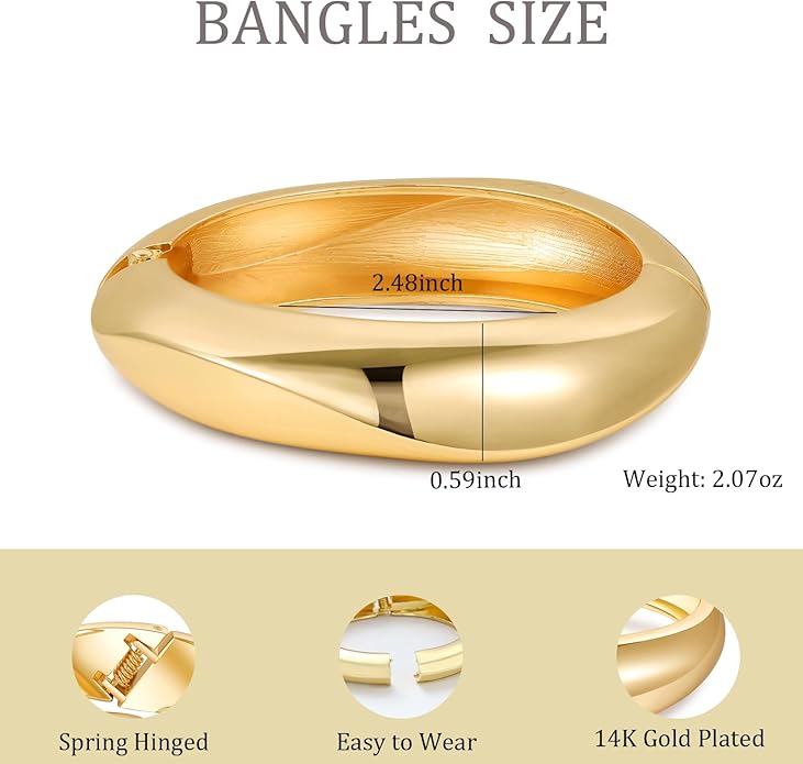 2pcs Gold Bangle Bracelets for Women, Trendy Hinged Cuff Open Wide Chunky Gold Bracelet Stack Arm Cuff Jewelry for Women