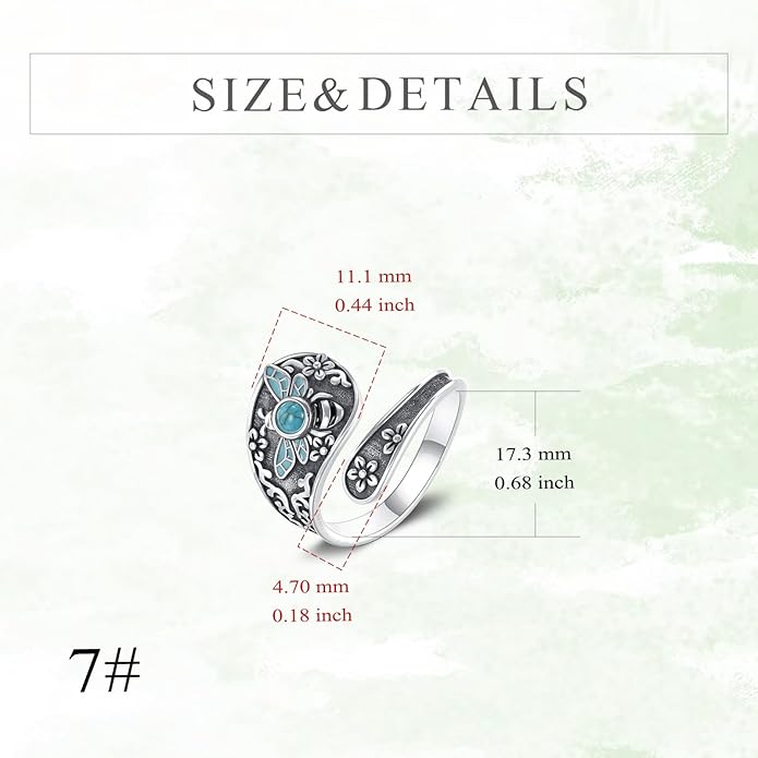 VONALA Vintage Sterling Silver Honeybee Spoon Ring with Crushed Turquoise, Symbolic Women's Jewelry, Meaningful Gift for Her, Mother's Day, Anniversary, Self-Love, Adjustable Size 6–8