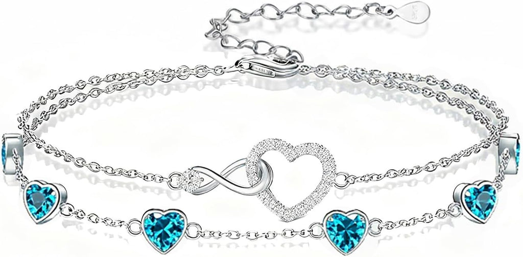 Prismata Infinity Birthstone Charm Link Bracelet 925 Sterling Silver Adjustable 12 Months Birthstone Infinity Bracelet Birthday Jewelry Gifts for Women Mom Her,with 7"+2" chain