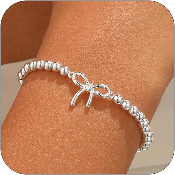 Gold Bracelets for Women, Cute 14K Gold/Silver Plated Stretch Beaded Bracelets for Women Trendy Stackable Charm Bracelet Dainty Adjustable Waterproof Non Tarnish Jewelry Gifts for Her
