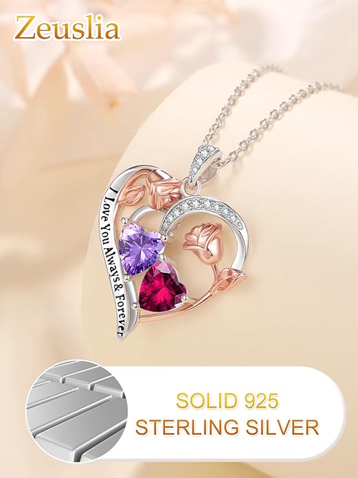 Valentine's Day Gifts for Wife 925 Sterling Silver Double Birthstone Pendant Necklaces I Love You for Always and Forever Necklace Anniversary Birthday Gifts for Wife Girlfriend Mom Her