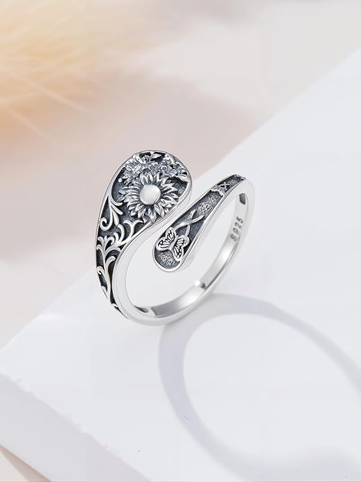 Vintage Adjustable Thumb Rings 925 Sterling Silver Sunflower/Red Cardinal/Butterfly/Turtle/Skull Ring Jewelrry for Women Men
