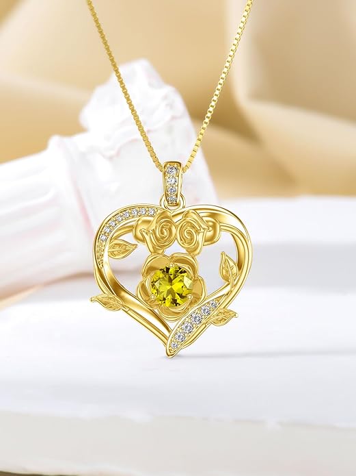 Midari 18K Gold Heart Birthstone Necklace for Women Rose Pendant Birthday Jewelry Gifts for Wife Her Daughter Mom