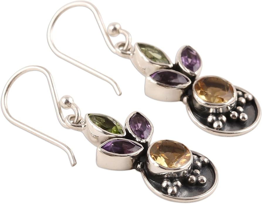 NOVICA Artisan Handmade Multigemstone Dangle Earrings 3carat from India Sterling Silver Citrine Amethyst Peridot Birthstone [1.5 in L x 0.4 in W x 0.1 in D] ' Glittering Melody'