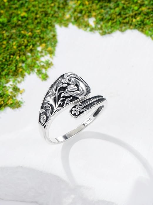 Midari Sun and Moon/Bee/Celtic/Life of Tree/Lotus Spoon Ring for Women 925 Sterling Silver Adjustable Ring Open Ring for Women Men Halloween Birthday Gift