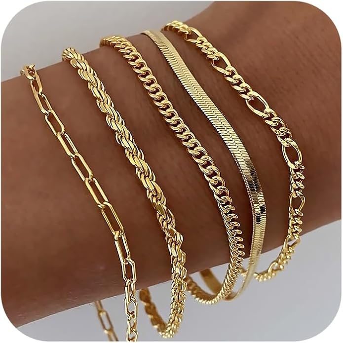 DEARMAY Gold Bracelets for Women Waterproof, 14K Gold Plated Jewelry Sets Trendy Thin Dainty Stackable Cuban Link Paperclip Chain Bracelet Pack Fashion Accessories Gifts for Womens