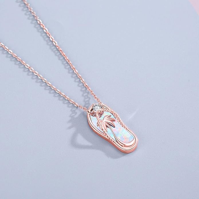 Midir&Etain Ocean Necklace 925 Sterling Silver Blue Opal Necklace Starfish/Flip Flop/Shark Pendant Beach Ocean Jewelry for Women
